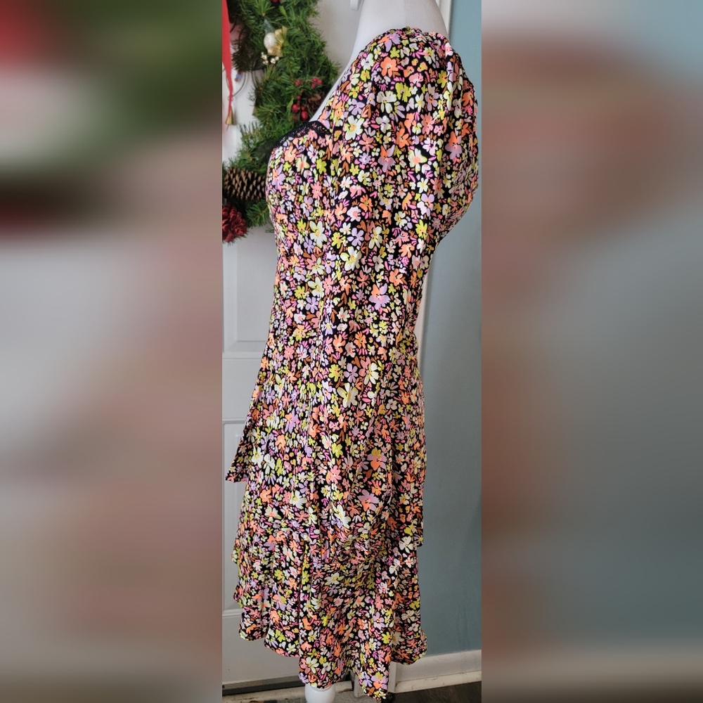 AFRM Modesto Sweetheart Long Sleeve Mini Dress Womens M Black Multi Neon Floral - Picture 4 of 16